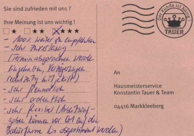 - 100% weiterzuempfehlen - sehr zuverlässig (Terminabsprachen werden eingehalten, Verzögerungen rechtzeitig mitgeteilt) - sehr freundlich - sehr ordentlich - sehr flexibel (Arbeitsaufgaben können vor Ort auf die Bedürfnisse hin abgestimmt werden)