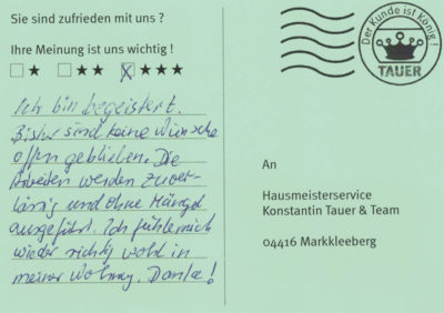 Ich bin begeistert. Bisher sind keine Wünsche offen geblieben. Die Arbeiten werden zuverlässig und ohne Mängel ausgeführt. Ich fühle mich wieder richtig wohl in meiner Wohnung. Danke!
