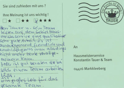 Herr Tauer und sein Team leisten auf dem Gebiet "Hausmeisterservice" eine qualitativ sehr gute Arbeit. Er ist zuvorkommend, freundlich und zuverlässig, was man allerdings heute nicht mehr verallgemeinern kann. Jeder ist gut beraten der bei solch einem Team arbeiten lässt. Ein großes Lob für das gesamte Team !