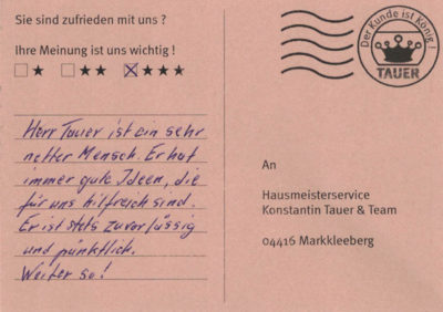 Herr Tauer ist ein sehr netter Mensch. Er hat immer gute Ideen, die für uns hilfreich sind. Er ist stets zuverlässig und pünktlich. Weiter so !
